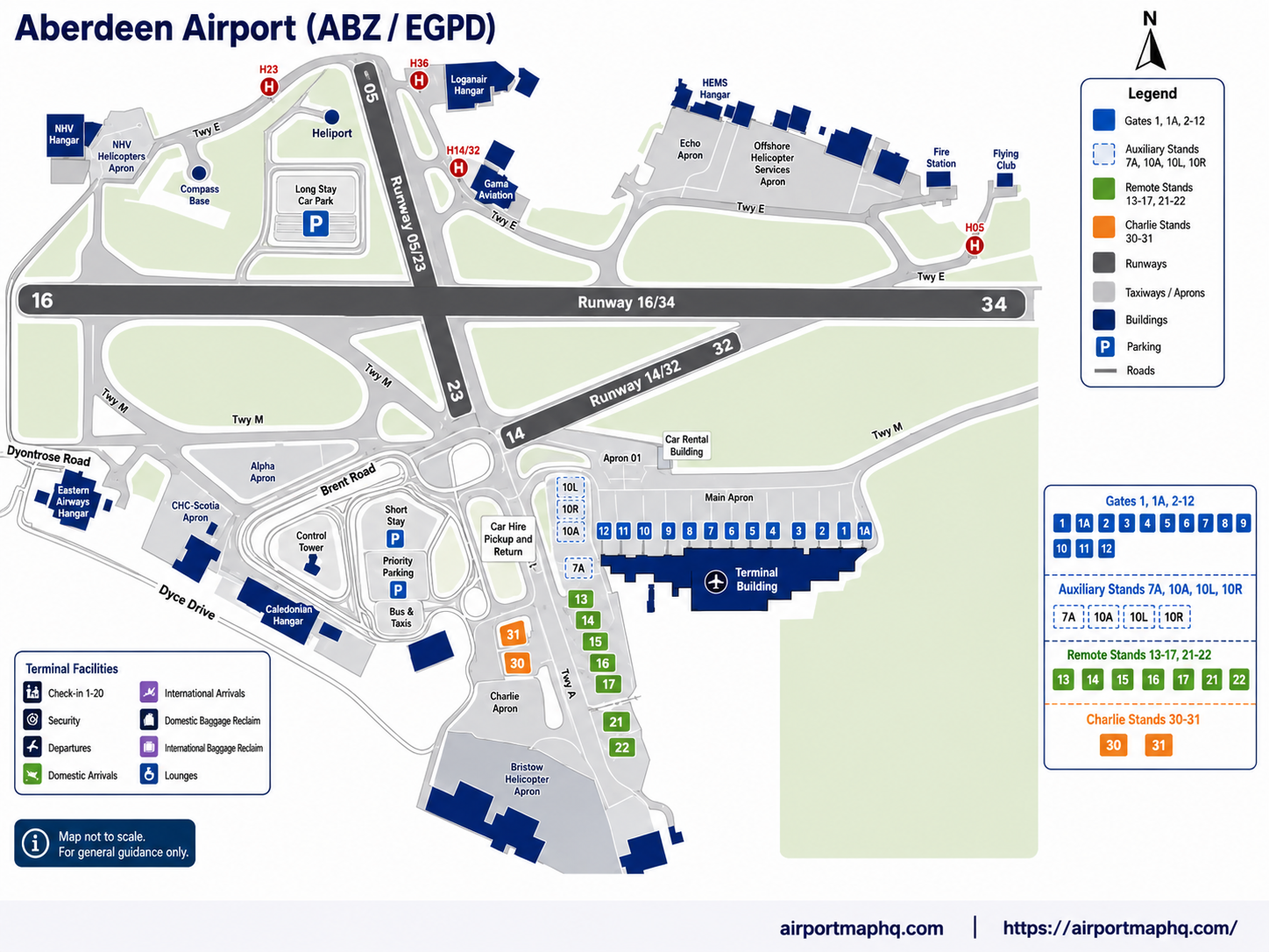 Aberdeen Airport map 2026 showing single main passenger terminal with check-in hall and arrivals on ground floor, departures lounge and security on upper level, Short Stay multi-storey car park, Long Stay car park with shuttle, Jet 727 bus stop, express drop-off zone, rental car centre, four North Sea helicopter terminals, runway 16/34 and A96 road access