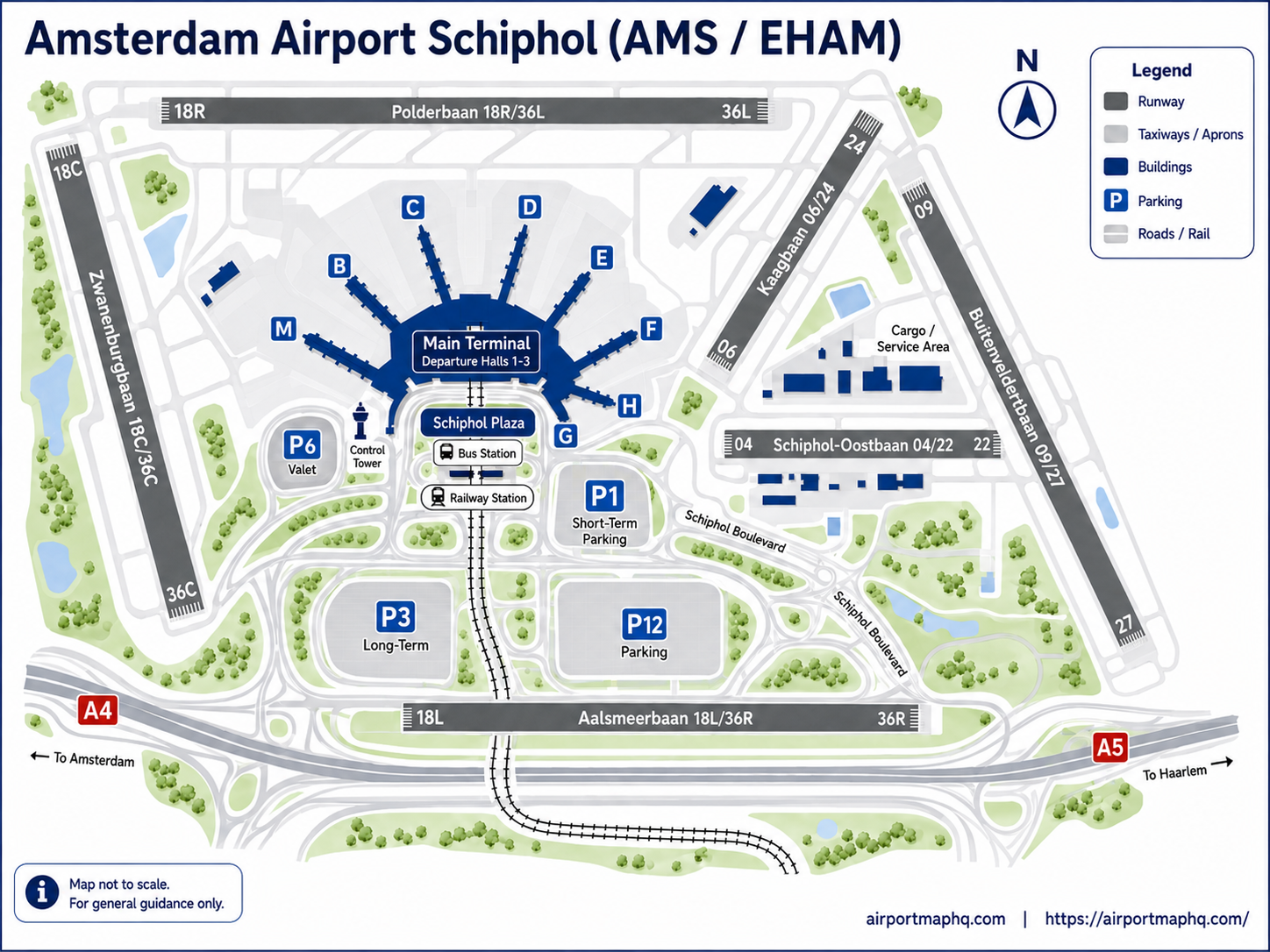 Amsterdam Airport Schiphol map 2026 showing single terminal with Schiphol Plaza, three departure halls, Piers B, C, D, E, F, G and H/M, Schengen and non-Schengen zones, security checkpoints, underground train station, P1 and P3 parking, taxi rank and bus stops