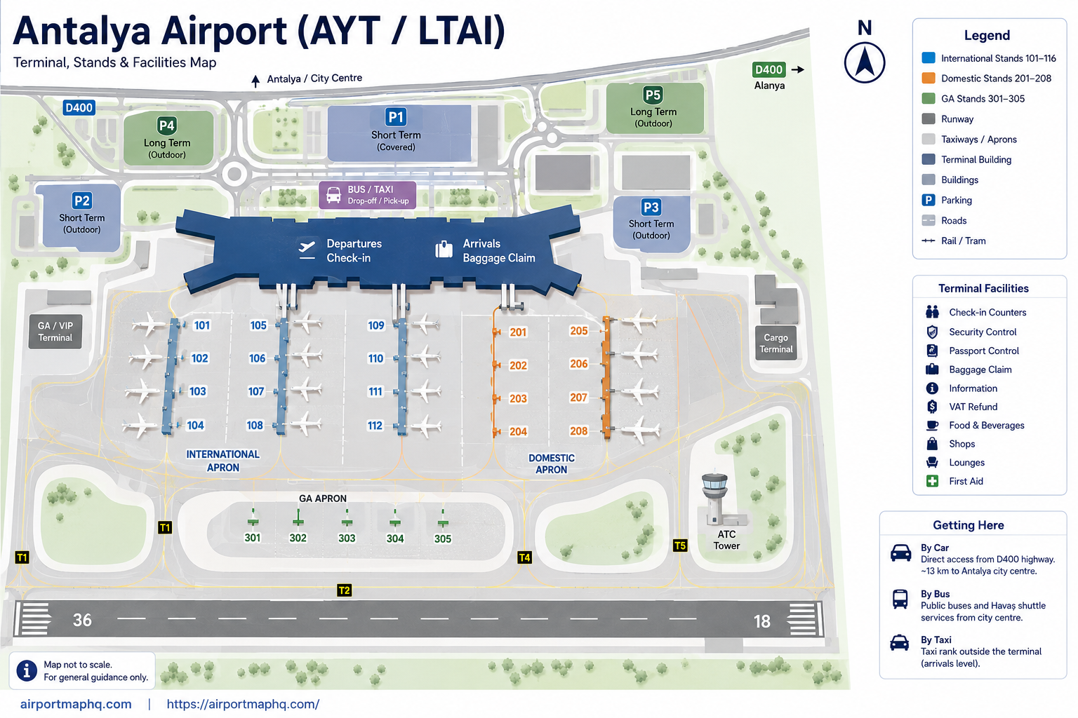 Antalya Airport map 2026 showing Terminal 1 and Domestic Terminal in the north building, Terminal 2 in the south building, the inter-terminal shuttle bus route, AntRay tram stop outside Terminal 1, parking areas, CIP terminal, access from the D400 highway and the airport perimeter road