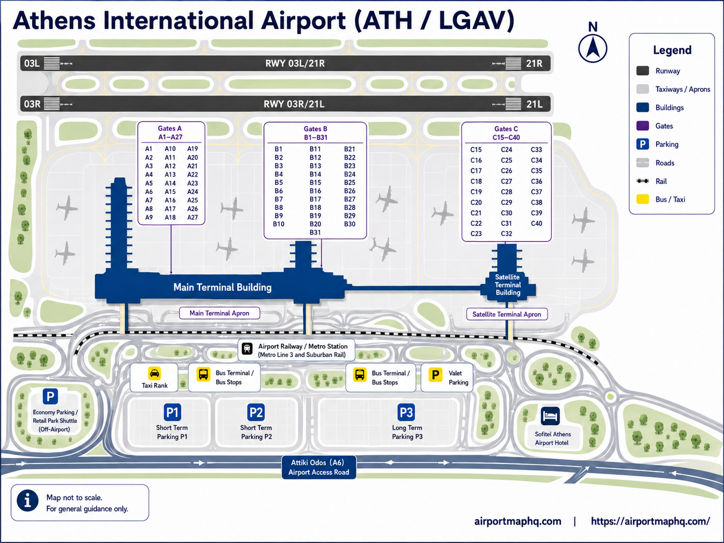 Athens Airport map 2026 showing Main Terminal with Gate A non-Schengen and Gate B Schengen departures, Satellite Terminal with Gate C, underground connecting walkway, check-in halls, security checkpoints, baggage claim, P1 and P2 short-term parking, P3 long-term parking, Metro Line 3 station, suburban railway station, taxi rank, express bus stops and Attiki Odos motorway access