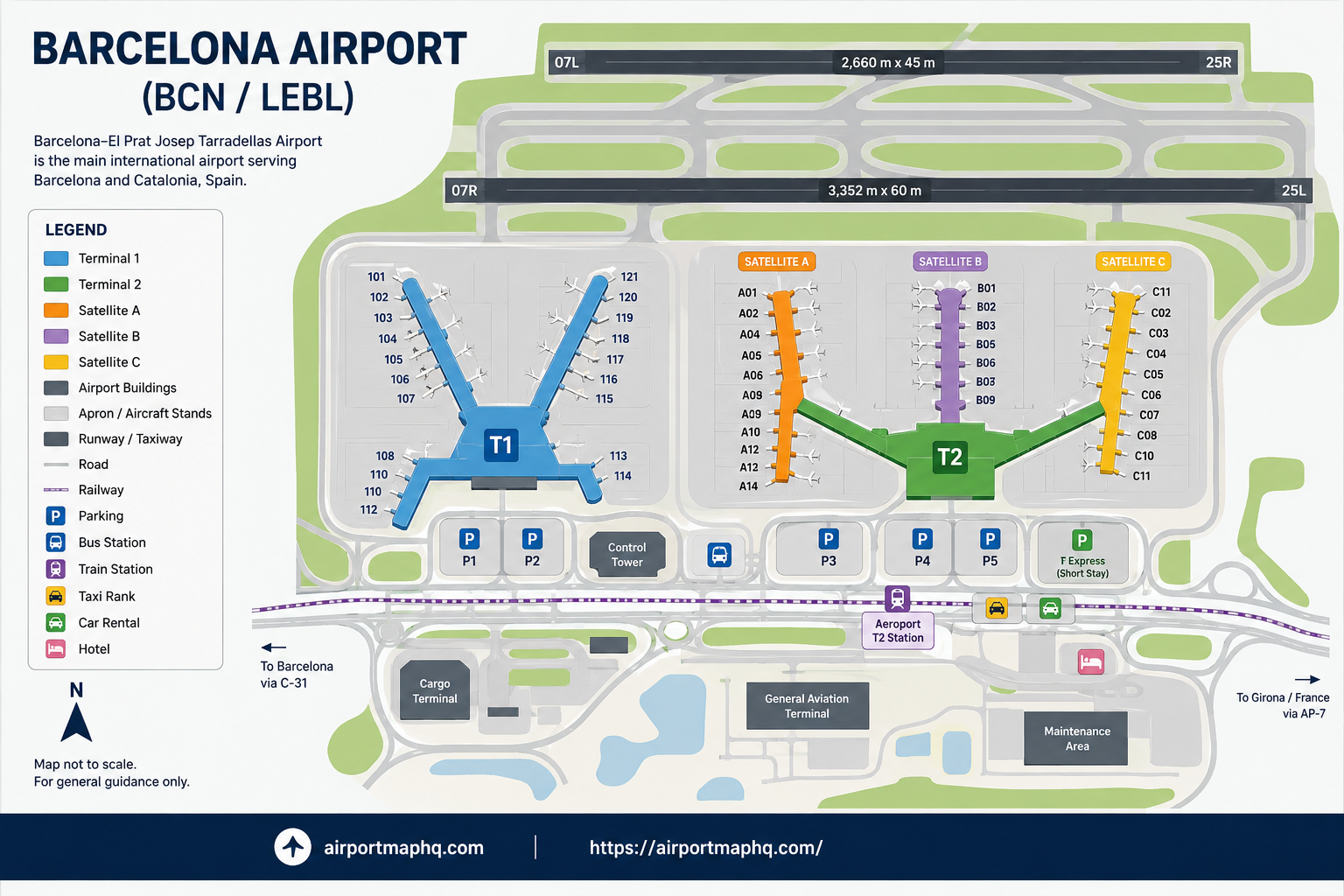 Barcelona Airport map 2026 showing Terminal 1 with boarding modules A, B, C, D and E, Terminal 2 with sections T2A, T2B and T2C, free inter-terminal shuttle bus route, Metro L9 Sud stations at T1 and T2, RENFE R2 Nord train station at T2B, Aerobus stops, P1 car park at T1, P2A P2B P2C parking at T2, long-stay parking and road access via C-31 and C-32 motorways
