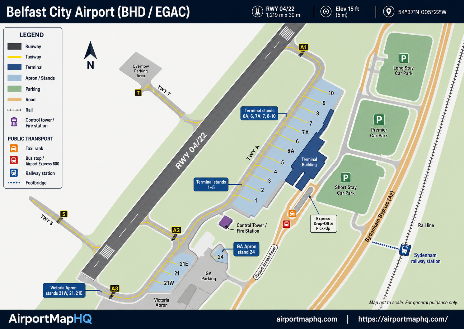 Belfast City Airport map 2026 showing single terminal building with ground floor check-in desks, security checkpoints, upper departures lounge, gates 1 to 10 with Gate 4 aerobridge highlighted, Short Stay and Long Stay car parks, Airport Express 600 bus stop, Sydenham railway station link, terminal forecourt taxi rank and A2 Sydenham bypass road access
