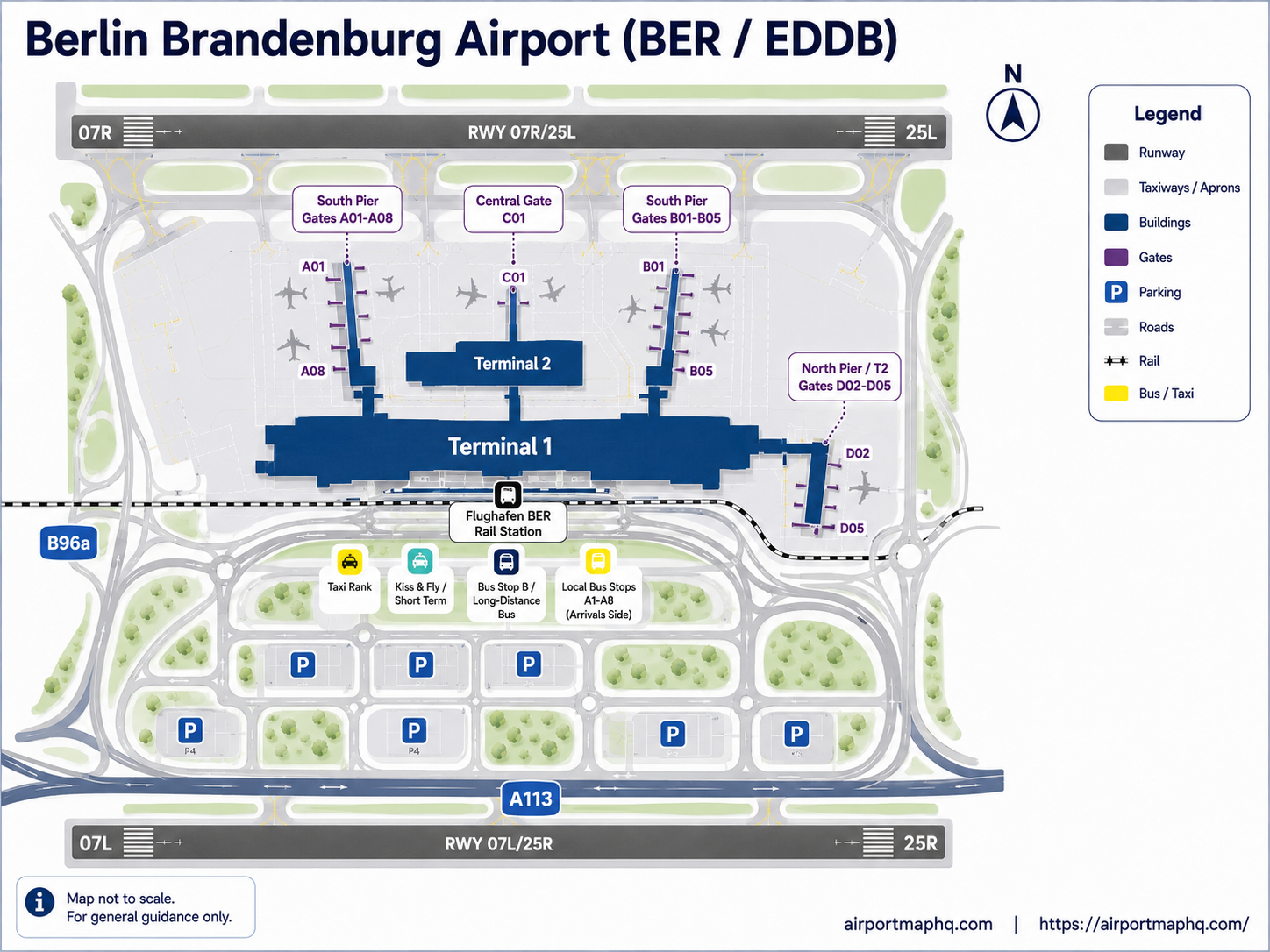 Berlin Airport map 2026 showing Terminal 1 U-shaped building with gate sections A, B, C and D, Terminal 2 adjacent building, FEX train station on level U2, parking lots P1 through P107, bus stops, Mobility Center for car rentals, roadway access from A113 motorway and B96a federal highway, and Airport City area between runways