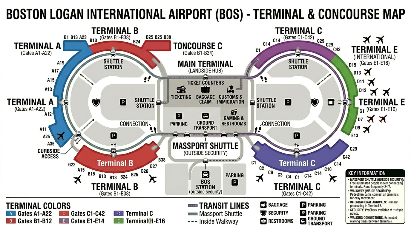 Boston Logan Airport map 2026 showing Terminal A with Delta satellite concourse, Terminal B with American and United gates, Terminal C JetBlue hub, Terminal E international terminal, Central Parking Garage, Economy Parking, MBTA Airport Station, Silver Line SL1 route, Massport shuttle stops and Rental Car Center