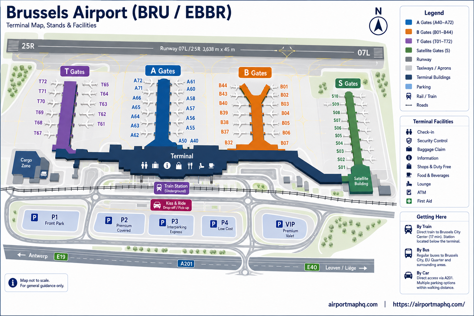 Brussels Airport map 2026 showing single terminal building with Departures Hall on Level 3 and Arrivals on Level 2, the Connector linking Pier A (Schengen gates A1-A60 and T-zone T61-T72) and Pier B (non-Schengen), 25-lane central security checkpoint, railway station on Level -1, bus and taxi stands on Level 0, front parking P1-P3, economy parking P4, remote car park, and road access from E19, E40 and R0 motorways