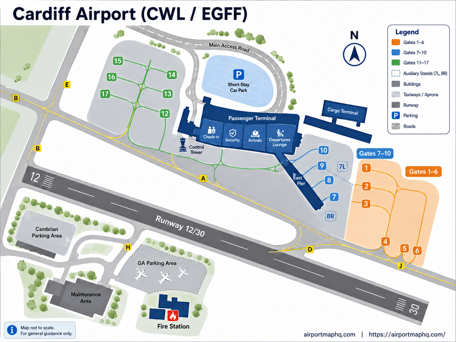 Cardiff Airport map 2026 showing single terminal with departures on first floor and arrivals on ground floor, security checkpoint, airside departure gates, 51 Executive Lounge, Premium Parking, Car Park 2, Long Stay 2, drop-off zone, road access via M4 Junction 33 and A4232, and Rhoose Cardiff Airport railway station