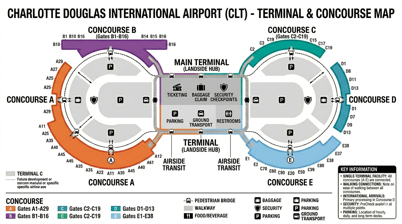 Charlotte Airport map 2026 showing the single terminal building with three security checkpoints on Level 2, Concourse A with non-American Airlines carriers, Concourses B and C for American Airlines domestic, Concourse D for international flights, Concourse E for American Eagle regional, the Atrium, Hourly Deck, Daily Decks, Long Term parking lots and Josh Birmingham Parkway
