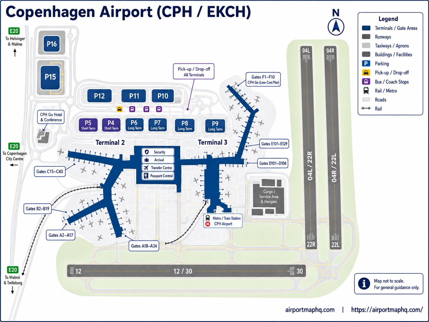 Copenhagen Airport map 2026 showing Terminal 2 and Terminal 3 check-in halls, central security checkpoint between terminals, shared airside concourse with Piers A, B, C, D, E and F, Pier F low-cost zone, metro M2 station under Terminal 3, regional train station, parking zones P4 through P19, Kiss and Fly drop-off area, and E20 motorway access
