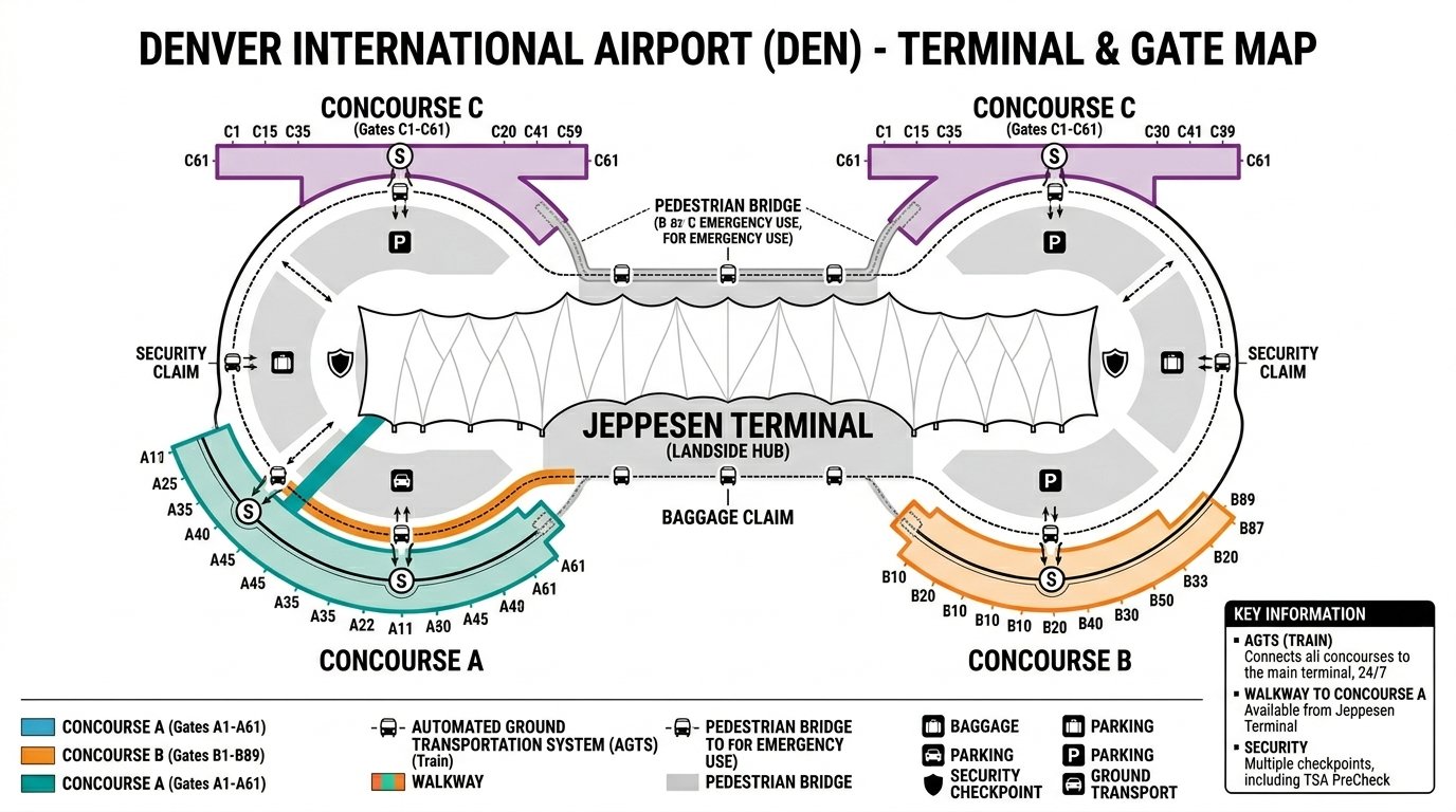 Denver Airport map 2026 showing Jeppesen Terminal with Level 6 East and West security checkpoints, Denver airport Concourse A with A-Bridge walkway, Concourse B United Airlines hub, Concourse C Southwest Airlines hub, underground AGTS train, parking garages, economy lots, Peña Boulevard and RTD A Line station