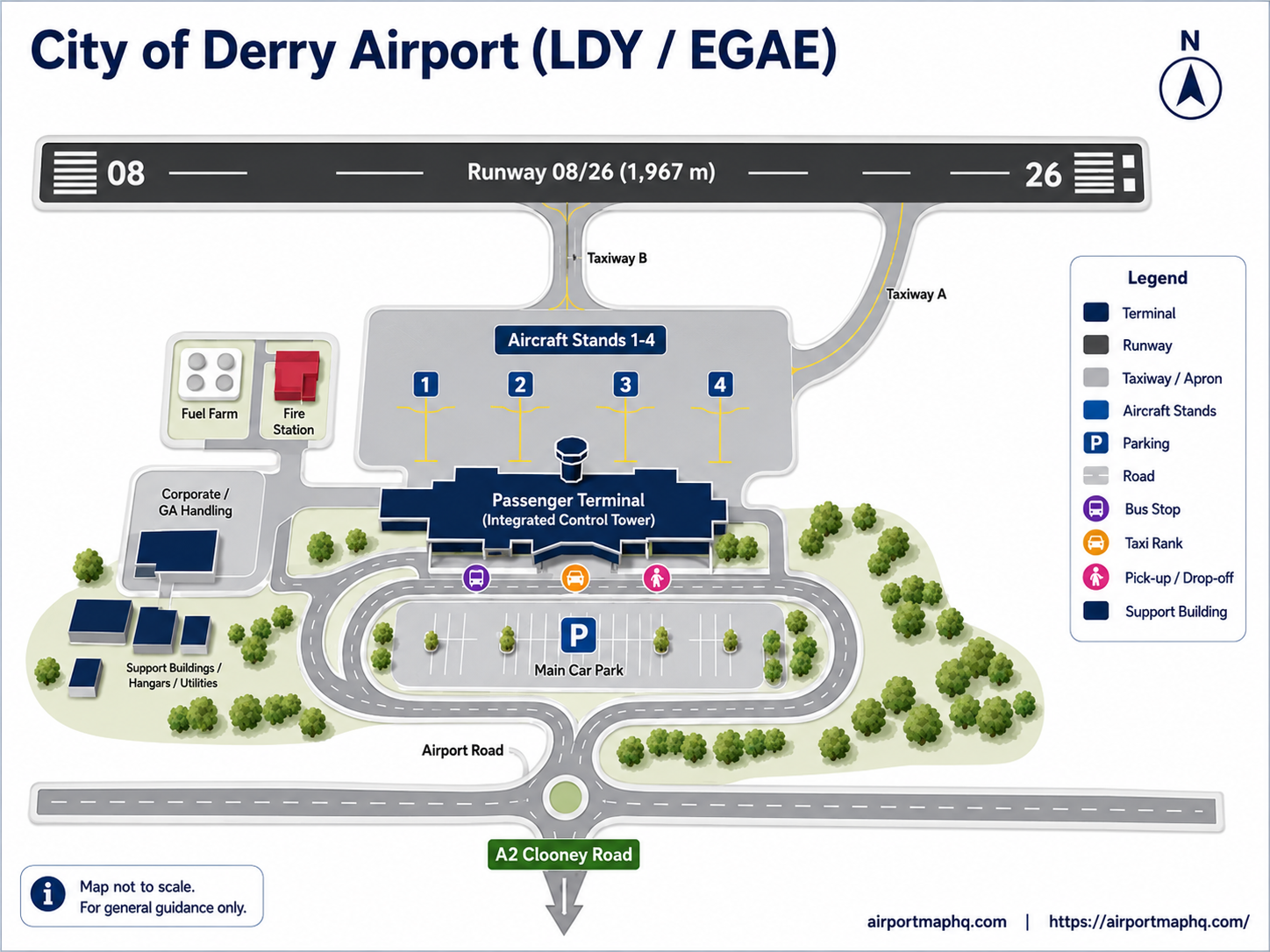 Derry Airport map 2026 showing the single terminal building at City of Derry Airport (LDY/EGAE), check-in hall, departures lounge, baggage reclaim, two onsite car parks, taxi rank, bus stop, A2 road access and the airport's position on the south bank of Lough Foyle near Eglinton, Northern Ireland