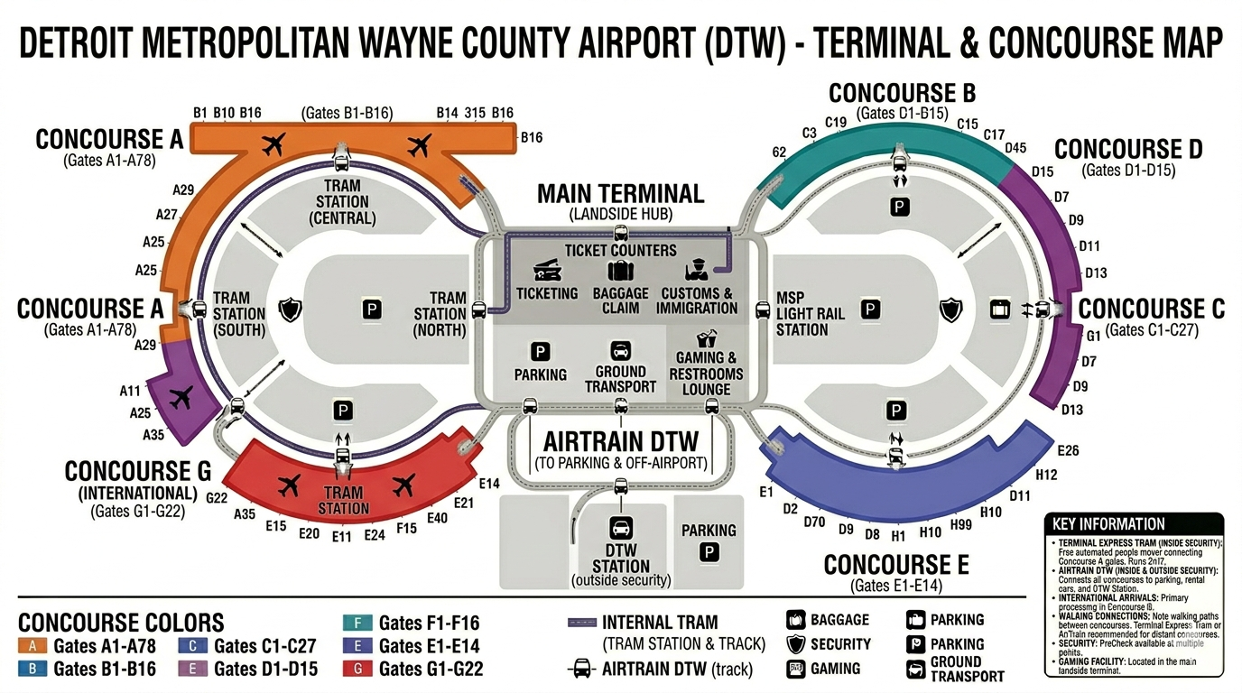 Detroit Airport map 2026 showing McNamara Terminal with Concourses A, B and C, ExpressTram stations, Evans Terminal with Concourse D, McNamara Parking Garage, Big Blue Deck, Green Lots, terminal shuttle route, John Dingell Drive and Ground Transportation Centers