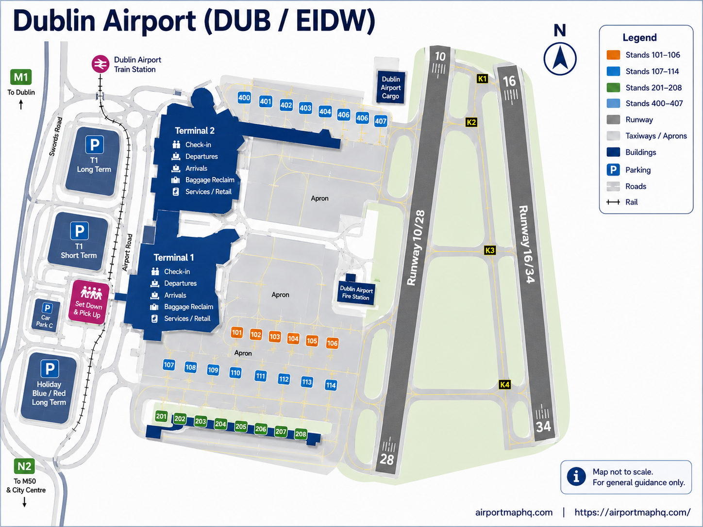 Dublin Airport map 2026 showing Terminal 1 with Piers 1, 2 and 3 (gates 101-337), Terminal 2 with Pier 4 and US Preclearance (gates 401-426), the covered T1-T2 landside walkway, security checkpoints, Short Term and Long Stay car parks, bus and coach zones, and motorway access from the M1 and M50