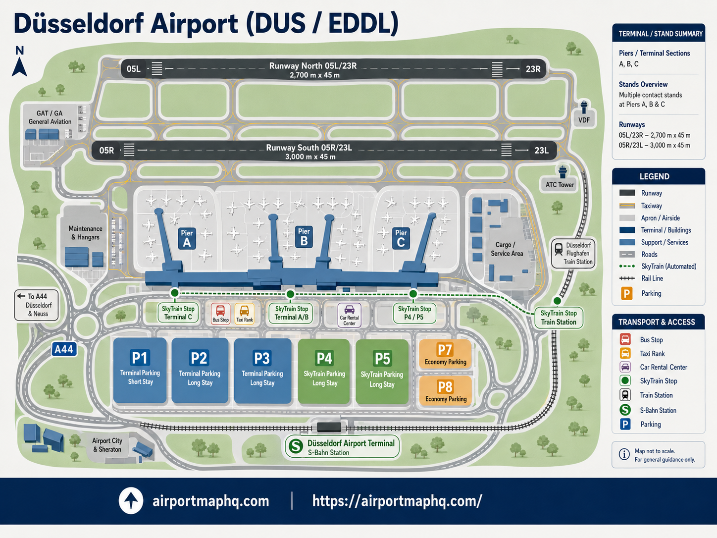 Düsseldorf Airport map 2026 showing Terminal A with gates A01 to A16 for Lufthansa and Star Alliance, Terminal B with gates B01 to B11 for SkyTeam and Oneworld carriers, Terminal C with gates C01 to C08 for non-Schengen international flights, the central check-in hall, Schengen and non-Schengen security and departure zones, SkyTrain route to Fernbahnhof and P4 P5 parking, S-Bahn Terminal station beneath the building, car parks P1 and P2, taxi ranks and A44 motorway access