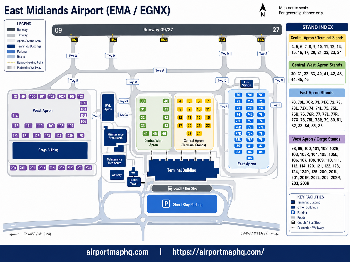 East Midlands Airport map 2026 showing single terminal building at Castle Donington with check-in desks, security, gate zones 1 to 5 near entrance, gates 9 to 17 at rear of departures lounge, gates 18 to 23 for international departures, Escape Lounge near gate 17, short stay and long stay car parks, Rapid Drop-Off zone, Skylink bus stops and M1 J23A road access