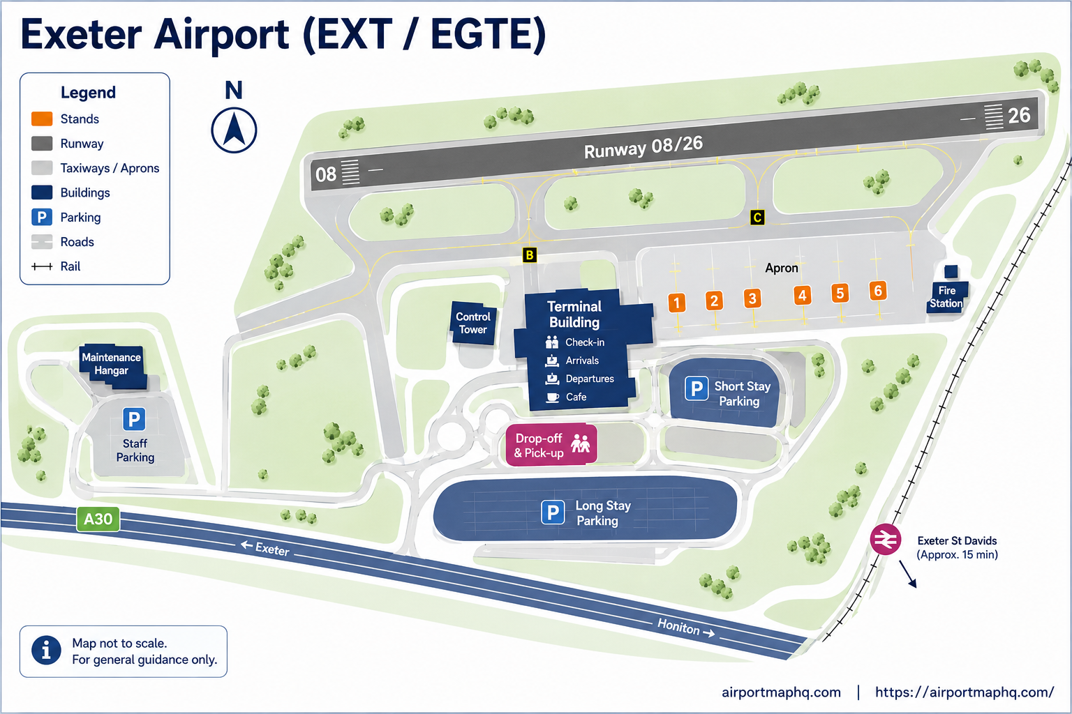 Exeter Airport map 2026 showing the single terminal building with landside check-in hall, airside departures with Executive Lounge, security checkpoint, Car Parks P1 P2 P3 and P4, A30 road access, M5 Junction 29 approach, Stagecoach bus stop, car hire area and runway layout at Clyst Honiton Devon