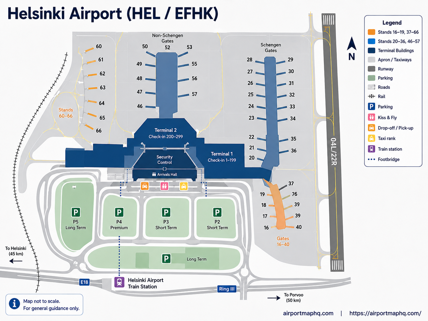 Helsinki Airport map 2026 showing the single integrated terminal, Schengen gate area gates 1 to 36, non-Schengen gate area gates 37 to 55, check-in halls, security checkpoints, Ring Rail Line underground station, baggage claim, parking garages P1 P2 P3 P5, bus and taxi forecourt, Finnair lounges, and Ring III motorway road access