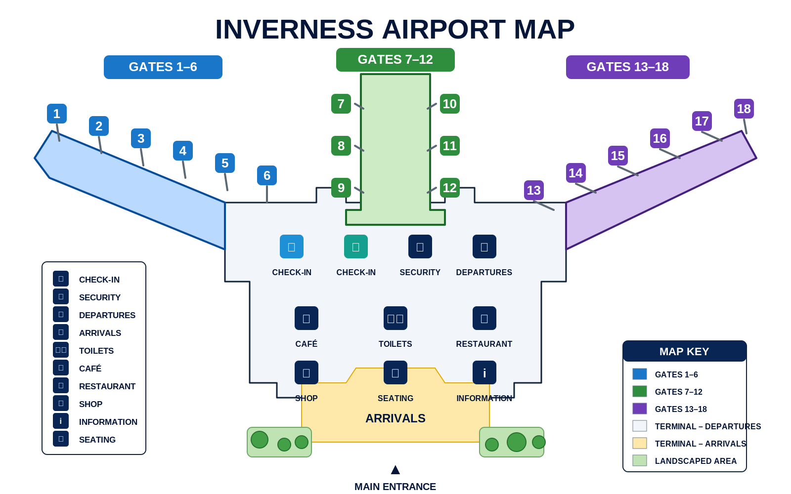 Inverness Airport map 2026 showing the single terminal building with check-in hall, security checkpoint, departure lounge with Aspire Lounge, arrivals baggage claim, short-stay and long-stay car parks, taxi rank, Stagecoach bus 11 stop, car hire area, Inverness Airport railway station, aircraft apron with 9 parking stands, main runway, and A96 road access via Inverness Airport Way