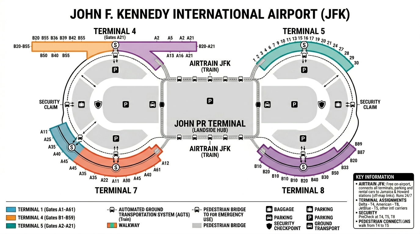 JFK Airport map 2026 showing Terminals 1, 4, 5, 7 and 8 arranged in a U-shaped loop, new Terminal 6 under construction adjacent to Terminal 5, AirTrain route connecting all terminals, color-coded parking garages, Lot 9 long-term parking, Federal Circle rental car area, Van Wyck Expressway and JFK Expressway access roads, Jamaica Station and Howard Beach Station transit connections