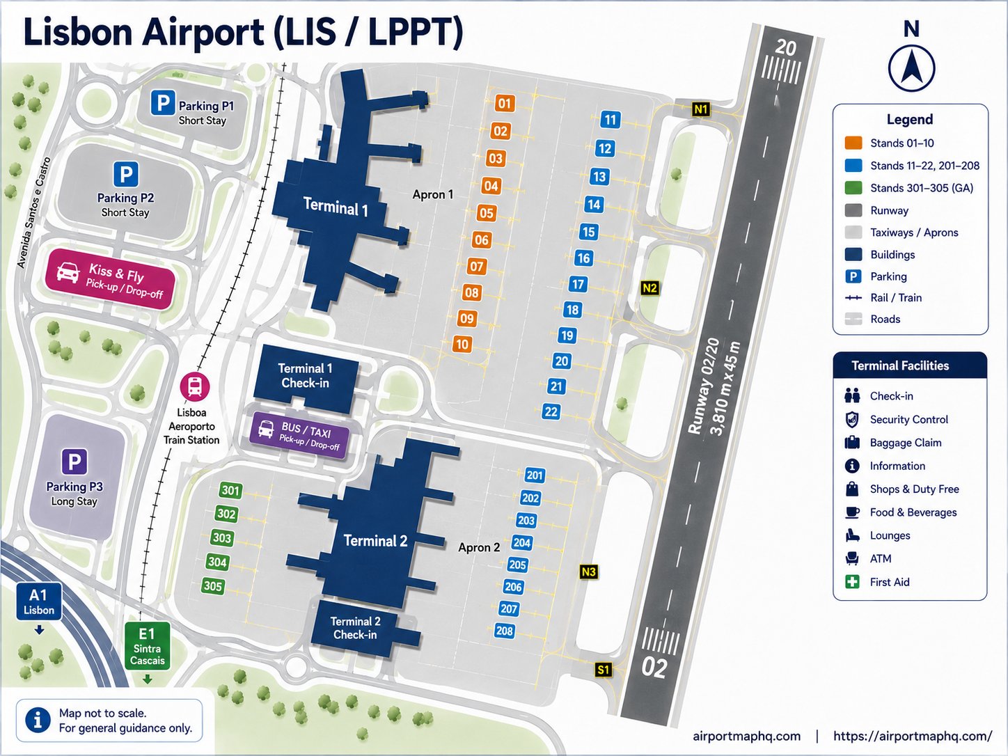 Lisbon Airport map 2026 showing Terminal 1 with N gates for non-Schengen and S gates for Schengen flights, Terminal 2 for low-cost carrier departures, Aeroporto Metro Red Line station, free shuttle bus route between terminals, security checkpoints, car parks P1 through P6, Kiss and Fly zone, taxi and rideshare areas, and motorway access
