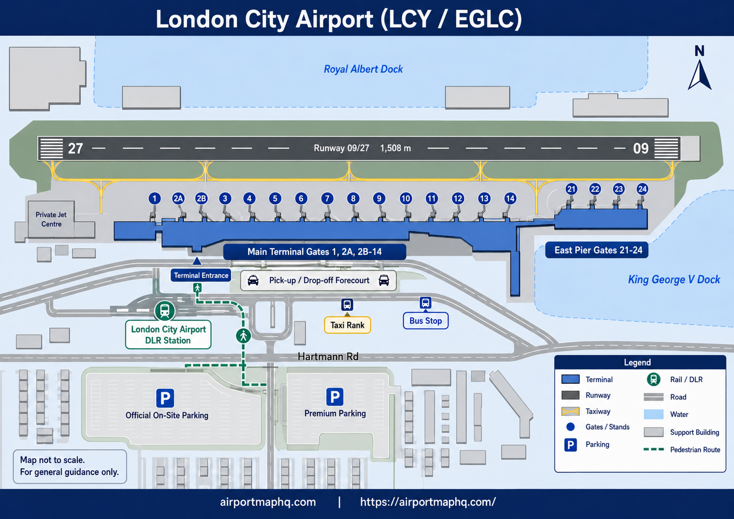 London City Airport map 2026 showing the single two-storey terminal building with ground-floor check-in, upper-floor security checkpoint and departure lounge, west and east departure piers, 15 hardstand gates over King George V Dock, the DLR station directly connected to the terminal, short-stay and long-stay car parks, the drop-off forecourt, runway over the dock, and surrounding roads A1020 and A1011 in the Royal Docks area of East London