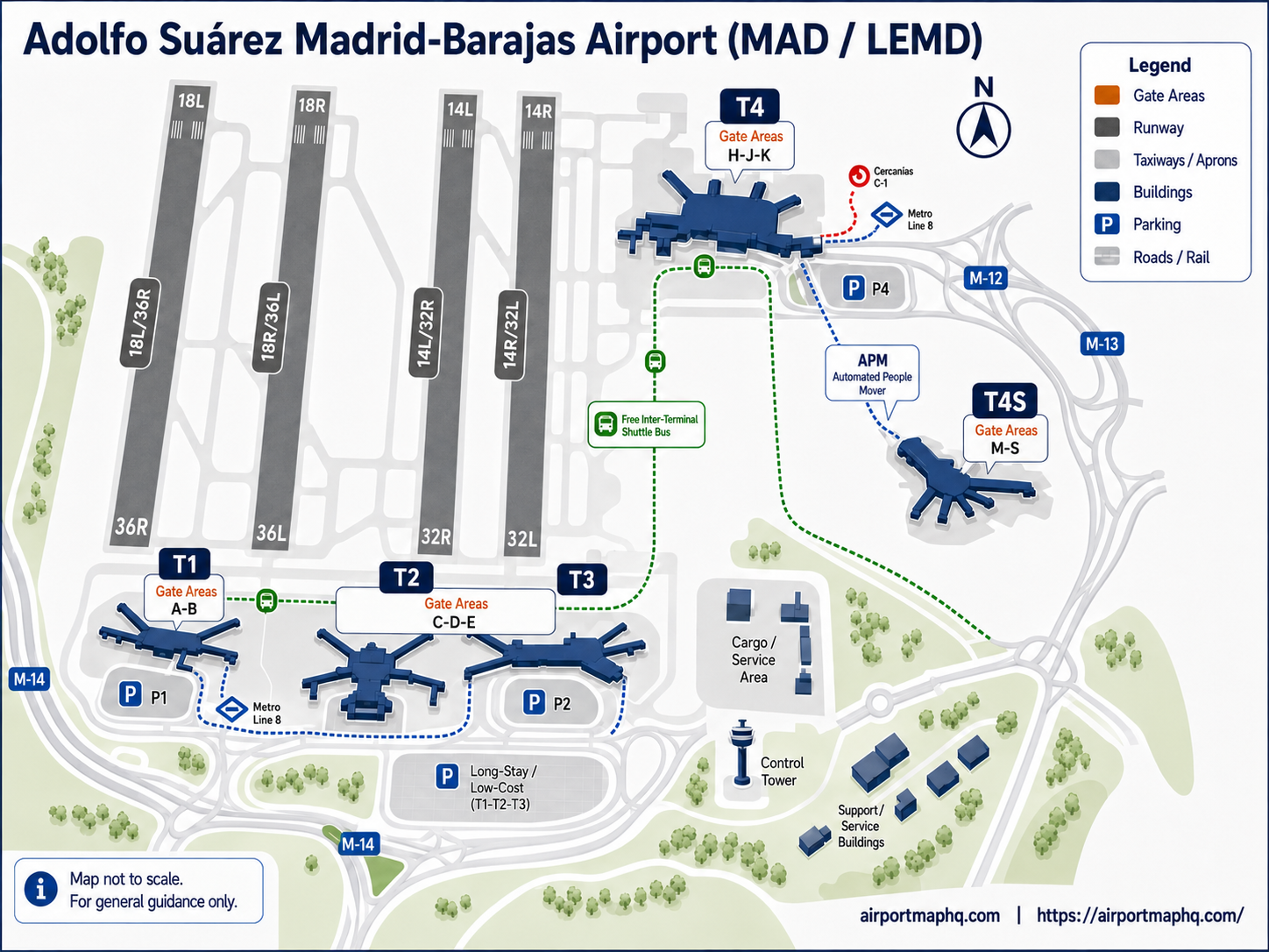 Madrid Airport map 2026 showing Terminal 1, Terminal 2, Terminal 3, Terminal 4, Terminal 4S satellite, APM underground people mover between T4 and T4S, free inter-terminal shuttle bus route, Metro Line 8 stations at T1-T2-T3 and T4, Cercanias C-1 rail link, parking areas P1 P2 P4 and access roads M-12 M-13 M-14