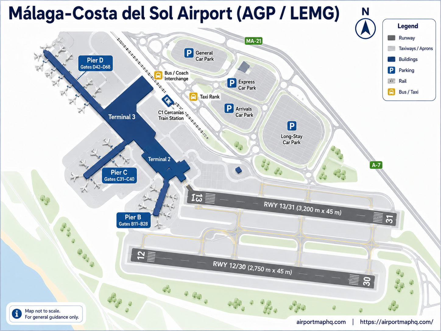Malaga Airport map 2026 showing Terminal 3 as the main passenger building with Pier B for non-Schengen flights, Pier C for mixed Schengen and non-Schengen flights, Pier D for Schengen flights, the security checkpoint in T3, Cercanías C1 train station beneath T3, Terminal 2 for domestic and Schengen services, Terminal 1 for limited non-Schengen and private aviation, parking areas P1 P2 and P3, taxi and bus stops, rental car facilities, access roads AP-7 and A-45, and the location of Málaga city to the northeast and Torremolinos to the south