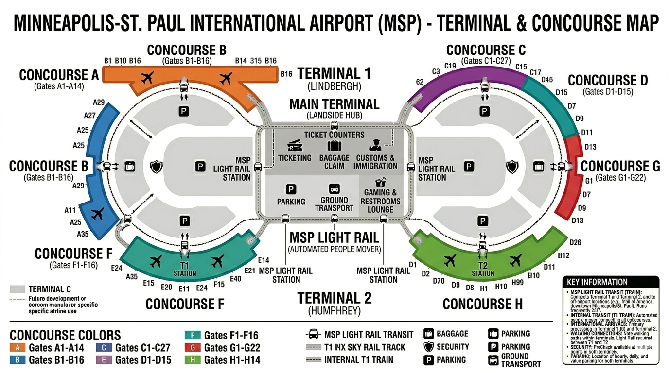Minneapolis Airport map 2026 showing Terminal 1 Lindbergh with Concourses A through G, Terminal 2 Humphrey with Concourse H, METRO Blue Line light rail stations, North and South security checkpoints, parking ramps, underground tram, MSP Mall and Highway 5 access roads