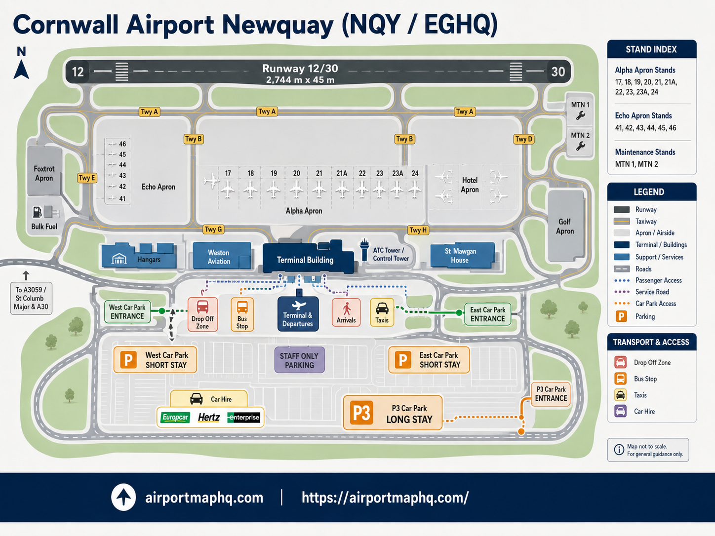 Newquay Airport map 2026 showing Cornwall Airport NQY terminal building at Mawgan in Pydar, check-in hall, departure lounge, security checkpoint, executive lounge, East and West car parks, P3 long-stay car park, A3059 road access, bus stop, Spaceport Cornwall and runway layout