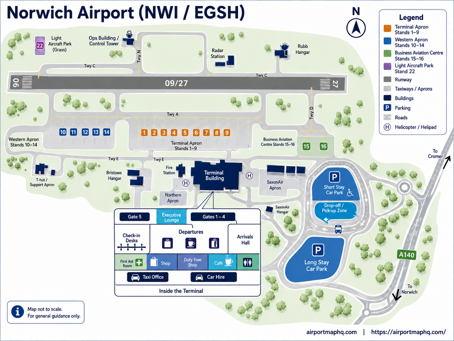 Norwich Airport map 2026 showing the single passenger terminal with check-in hall, security checkpoint, departure lounge with duty free and cafes, Executive Lounge, Car Park 1 Short Stay directly in front of the terminal, Car Park 2 Long Stay, taxi and drop-off area, bus stop for Airport Park and Ride and Canary Konect routes, and A140 Cromer Road access from Norwich city centre