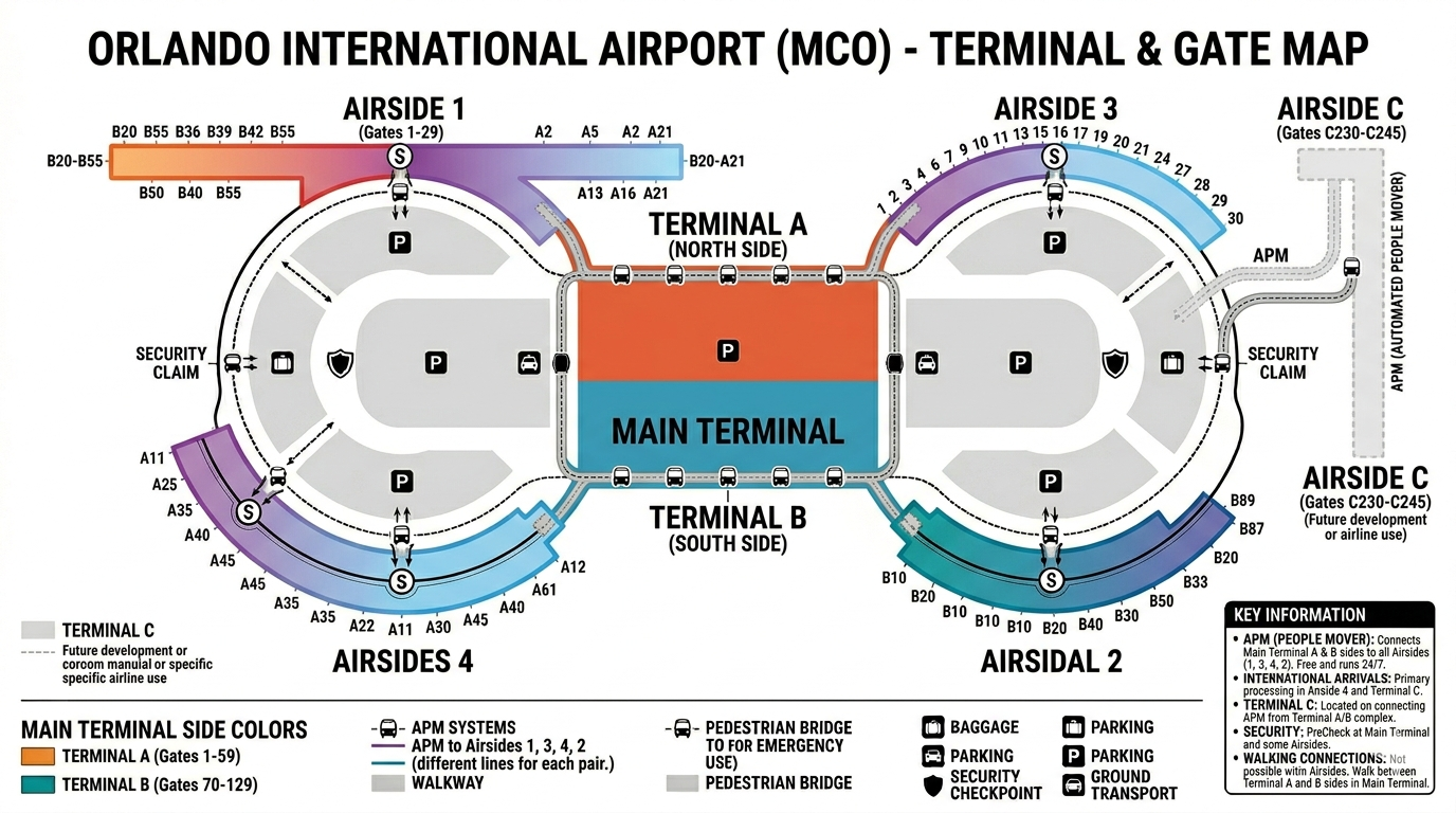 Orlando Airport map 2026 showing North Terminal Complex with Terminals A and B, Airside 1 gates 1–29, Airside 2 gates 100–129, Airside 3 gates 30–59, Airside 4 gates 70–99, Terminal C South Terminal gates 230–245, West and East security checkpoints, Terminal Link APM, Brightline rail station, parking garages A B and C, economy lots, and SR-528 Beachline Expressway access