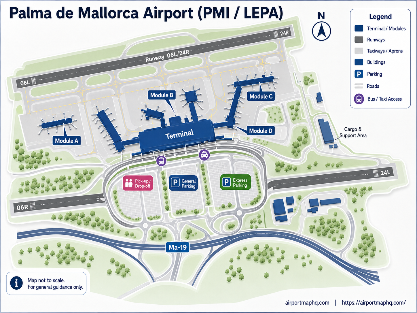 Palma Airport map 2026 showing the main terminal building, Module A north with blue signs for UK and Ireland non-Schengen flights, Module B north-east with green signs for Air Nostrum regional flights, Module C east with purple signs for Schengen destinations, Module D south with orange signs, two runways shared with Son Sant Joan Air Force Base, multi-storey car park, bus station, taxi ranks and road access from the Ma-19 motorway