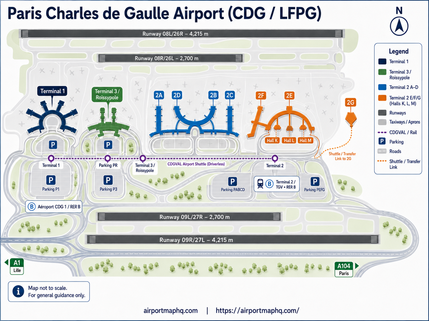 Paris CDG airport map 2026 showing Terminal 1 circular building with seven satellite gates, Terminal 2 complex with sub-terminals 2A through 2G and pedestrian walkways, Terminal 3 low-cost terminal, CDGVAL light-rail shuttle route, RER B and TGV rail station inside Terminal 2, parking facilities, A1 and A3 motorway access roads, and inter-terminal shuttle bus routes N1 and N2