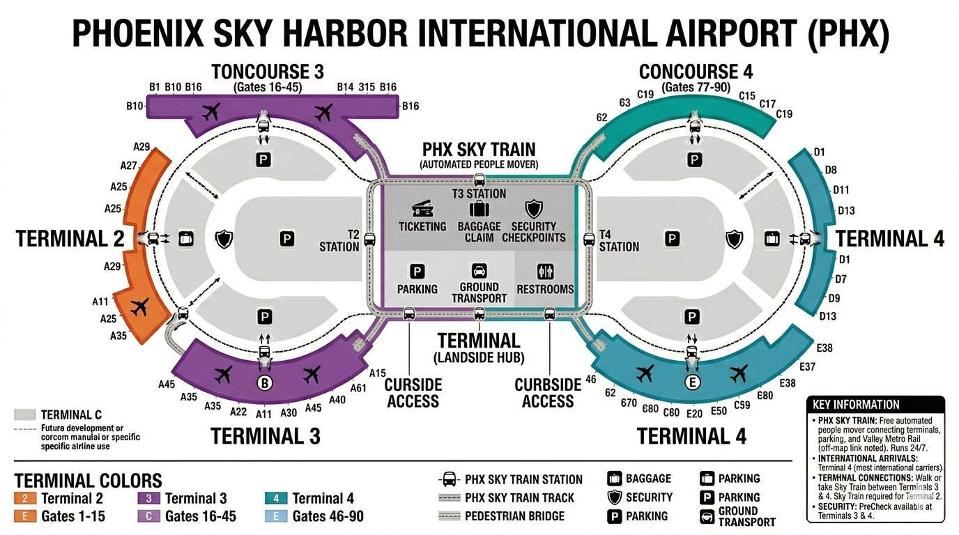 Phoenix Airport map 2026 showing Terminal 3 John McCain Terminal with E and F gates, Terminal 4 Barry M. Goldwater Terminal with Concourses A, B, C and D, PHX Sky Train route connecting both terminals to East Economy Parking and 44th Street Valley Metro Rail station, Rental Car Center, and Sky Harbor Boulevard access