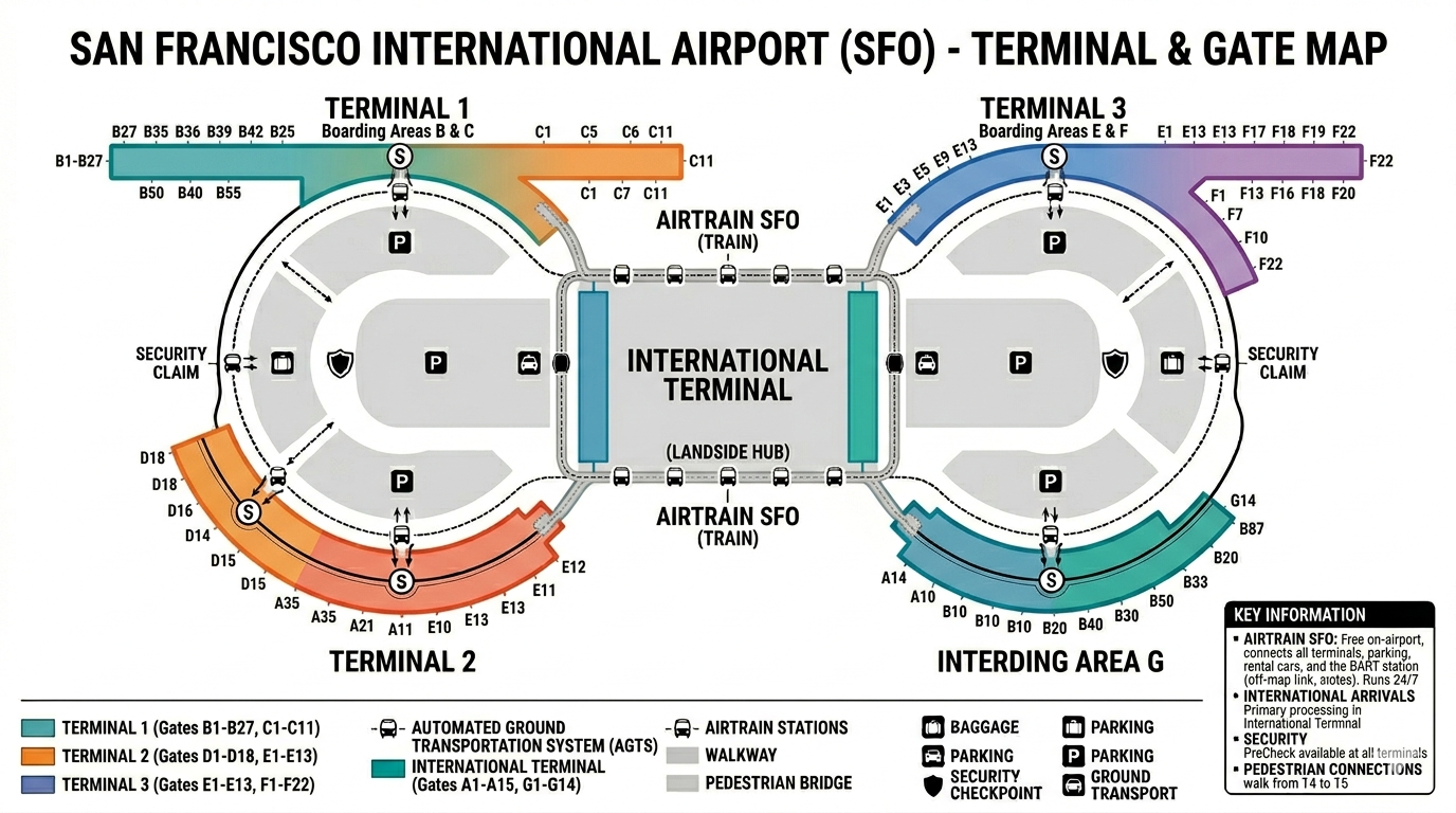 San Francisco Airport map 2026 showing Harvey Milk Terminal 1 with gates B2–B27 and C1–C11, Terminal 2 with D gates, Terminal 3 with E and F gates and T3W construction zone, International Terminal with Boarding Areas A and G, free AirTrain Red and Blue Lines, BART station, Domestic Garage, International Garages A and G, Long-Term Parking and US-101 access