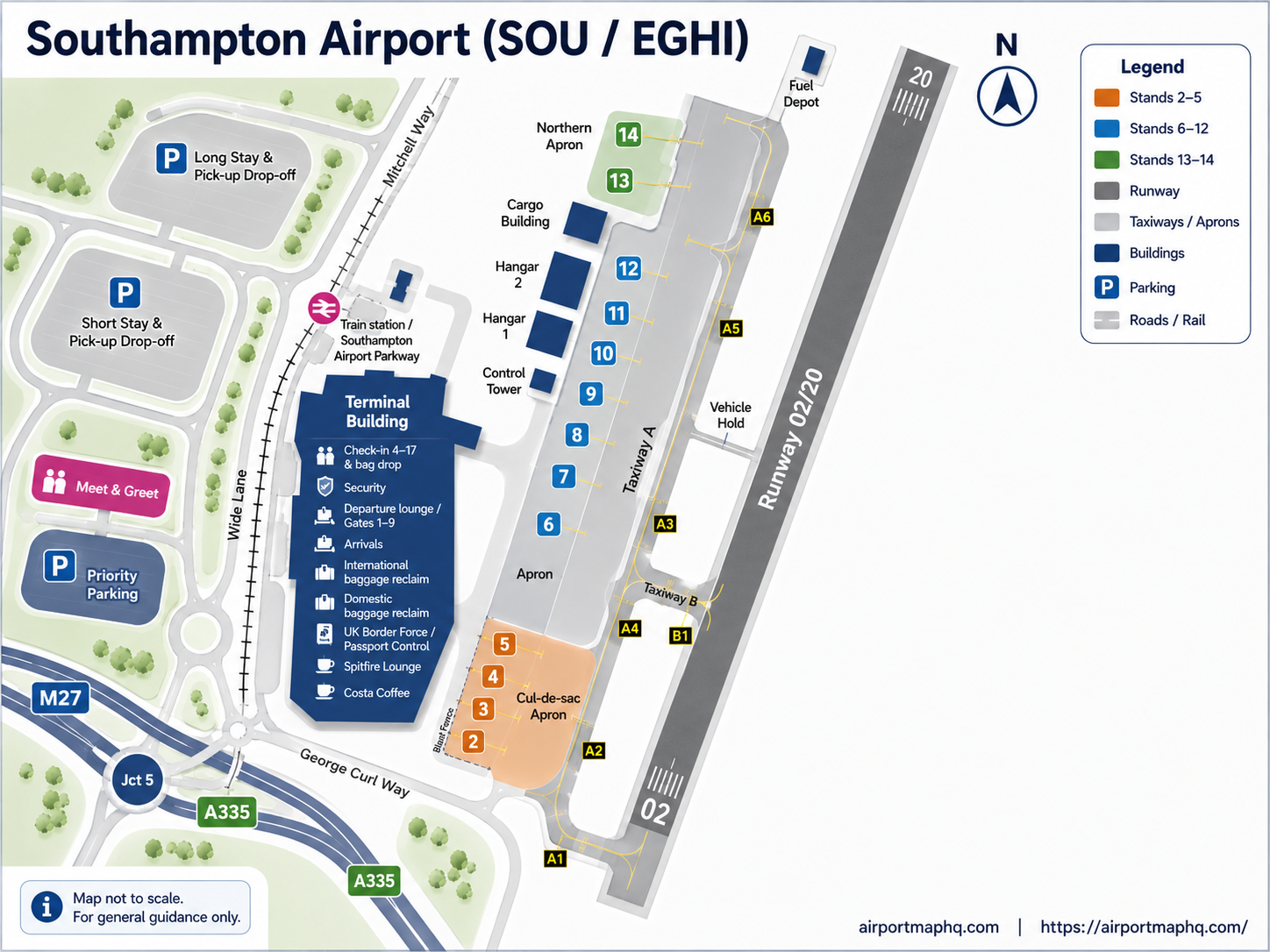 Southampton Airport map 2026 showing single terminal ground floor with check-in desks, security checkpoint, arrivals and baggage reclaim, and first floor airside departure lounge with Gates 1 to 9, Spitfire Lounge, shops and restaurants, plus Short Stay car park, Southampton Airport Parkway railway station and M27 Junction 5 road access