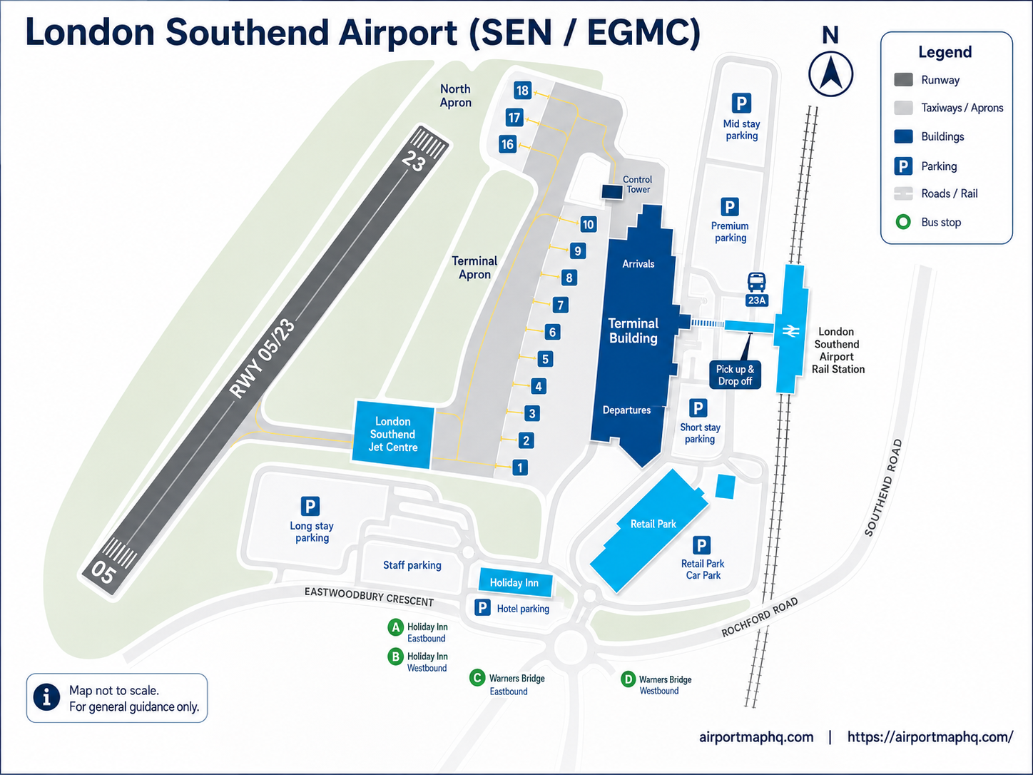 Southend Airport map 2026 showing the single passenger terminal, check-in hall, security checkpoint, departure lounge with 10 gates, baggage claim carousels, Southend Airport railway station, Short Stay car park, Long Stay car parks 1 2 and 3, Holiday Inn hotel, single runway and apron at London Southend Airport SEN