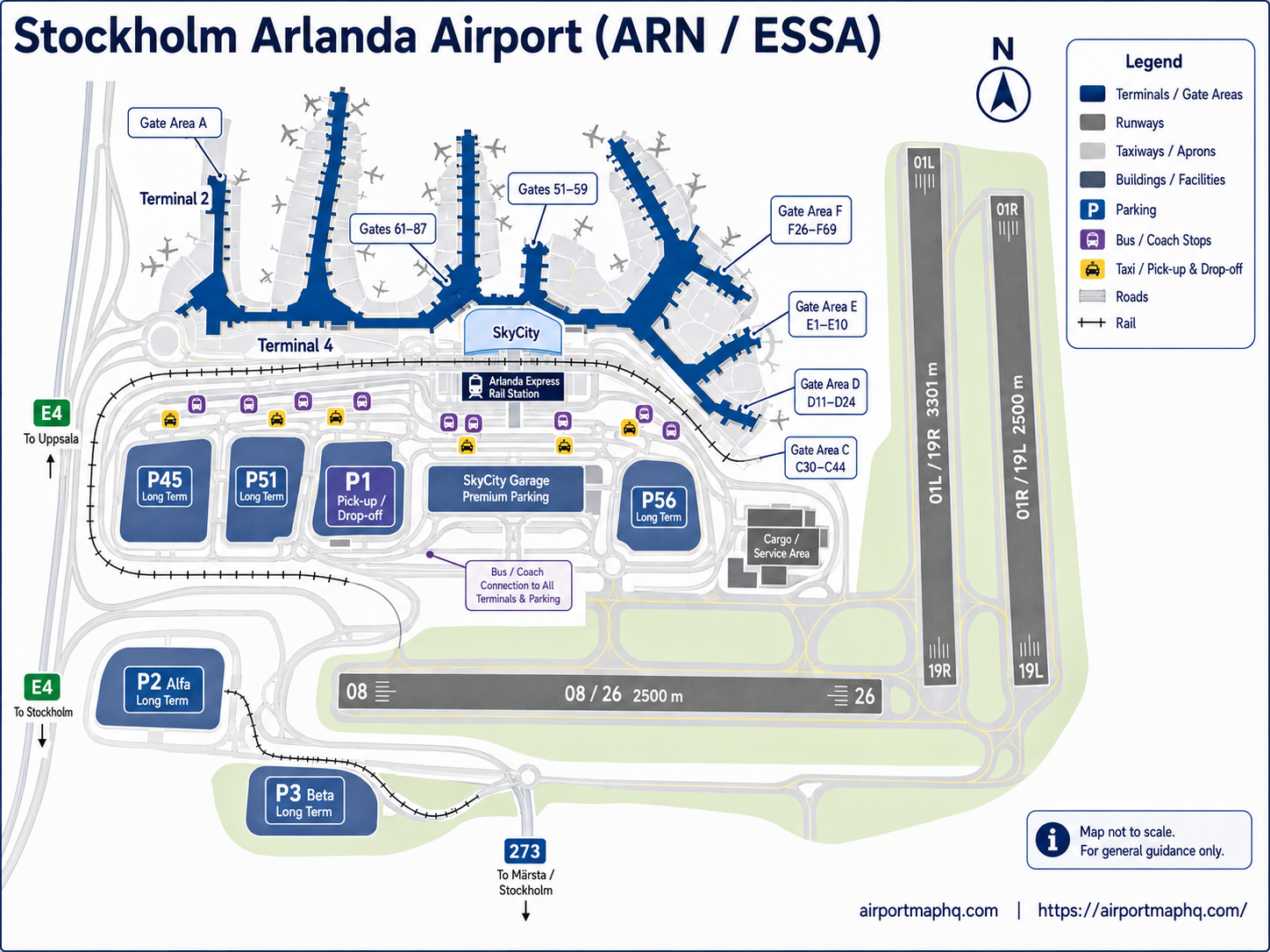 Stockholm Arlanda Airport map 2026 showing Terminals 2, 3, 4 and 5, SkyCity atrium with Arlanda Central Station, gate piers C, D, E and F, airside walkway between Terminals 4 and 5, Arlanda North and South train stations, security checkpoints, parking areas and E4 motorway access
