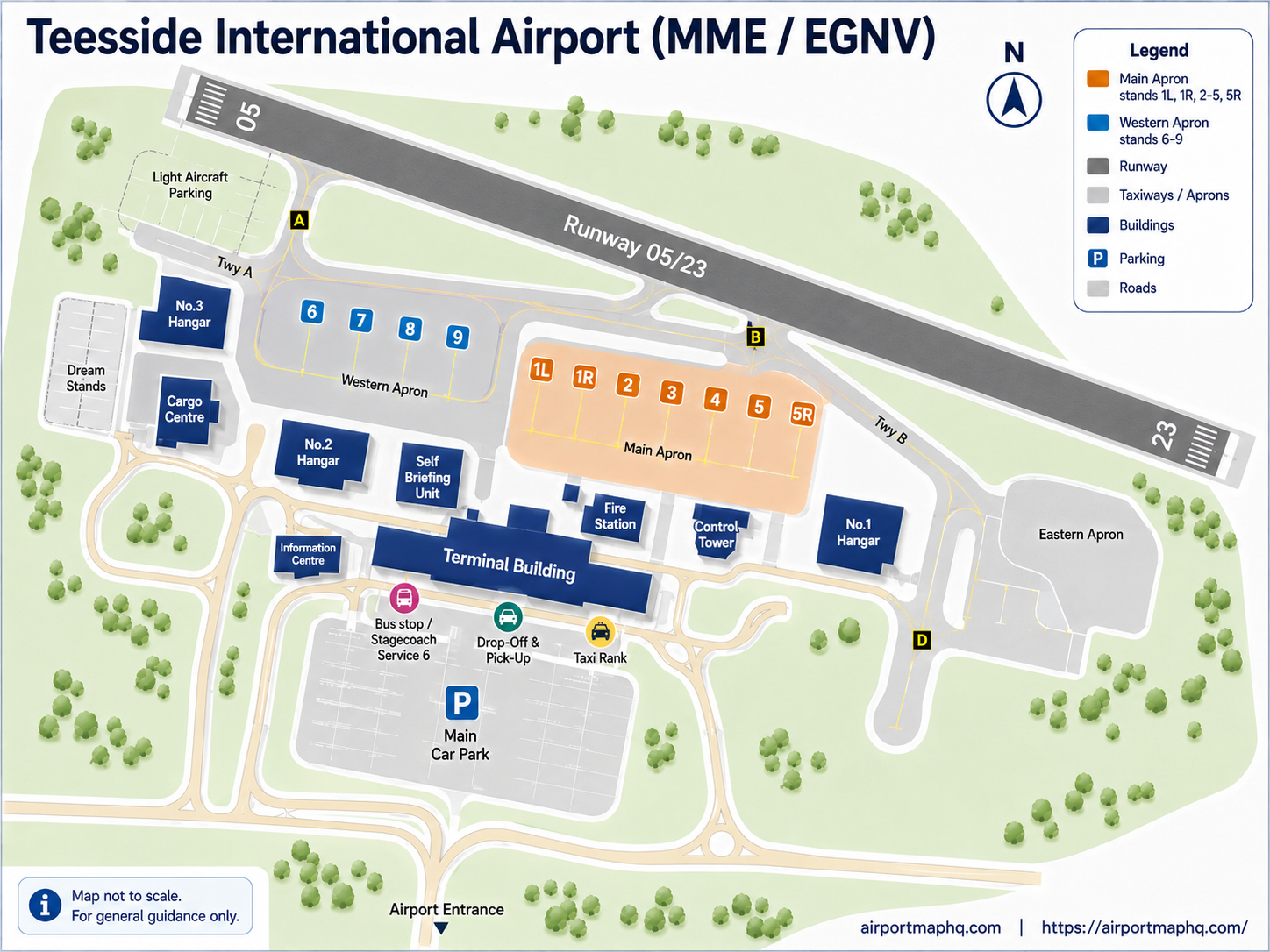 Teesside Airport map 2026 showing the single terminal building, on-site car park directly opposite, drop-off and pick-up zones, security checkpoint with C3 scanners, departure gates 1 to 4, airside and landside facilities including The Ramside Lounge and World Duty Free, and road access via the A67 and A66 near Darlington in County Durham