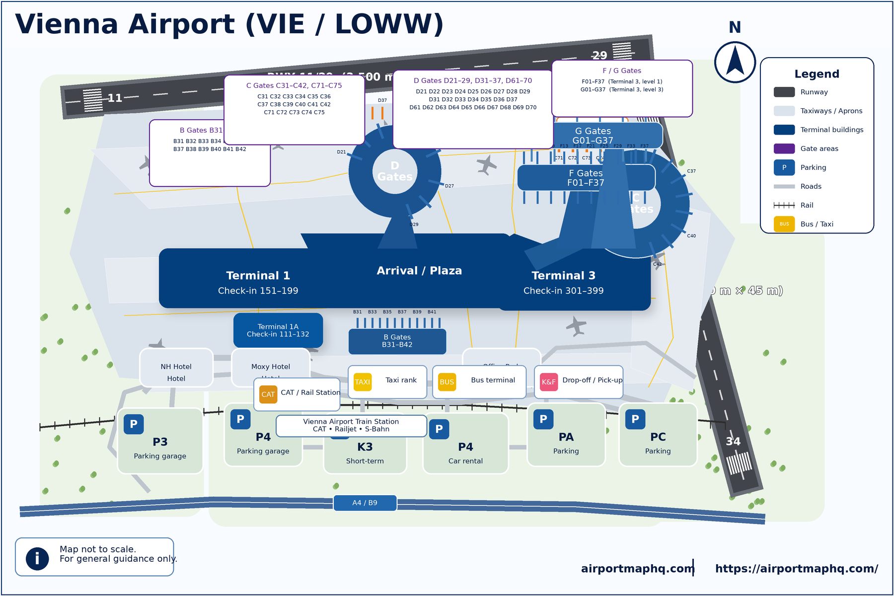 Vienna Airport map 2026 showing Terminal 1, Terminal 1A and Terminal 3 check-in areas, Gate concourses B and C at Pier West, Concourse D at Pier East, Concourses F and G at Pier North, inter-pier shuttle bus route, security checkpoints, CAT and S7 rail station, parking structures P1 to P4, taxi and bus stops and A4 motorway approach