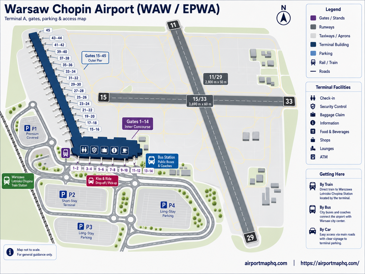 Warsaw Chopin Airport map 2026 showing Terminal A South Hall with check-in areas A and B, North Hall with check-in areas C D and E, Schengen gate zone, non-Schengen gate zone with gates 9 to 26, security checkpoints, passport control, SKM train station, bus stops, parking areas P1 P2 P4 Express and Kiss and Fly zone