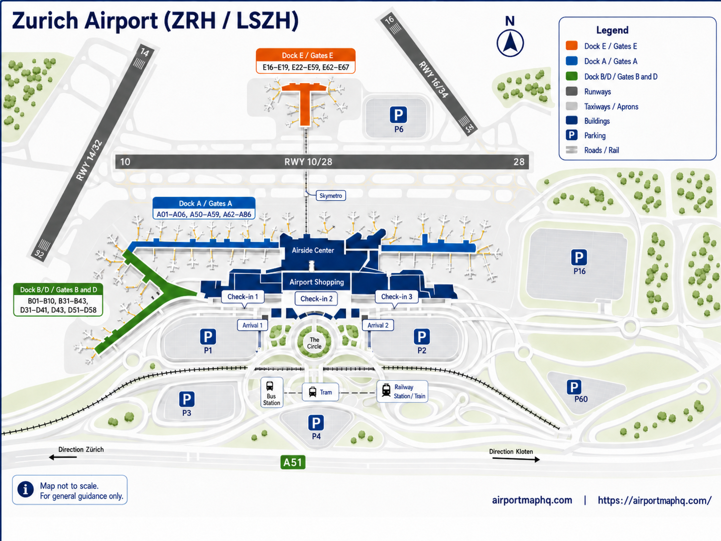 Zurich Airport map 2026 showing Airport Centre with Check-in 1, 2 and 3, Airside Centre, Gates A Schengen pier, Gates B and D dual-use pier, Skymetro underground people mover, Dock E satellite terminal with Gates E for non-Schengen international flights, three runways, parking garages P1 through P6, train station below Check-in 3, bus and tram terminal, and The Circle adjacent complex